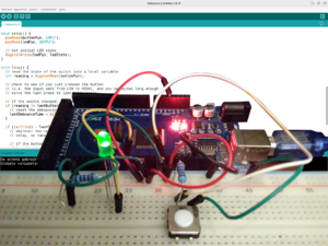 Arduino + breadboard + LED + drukknop + IDE